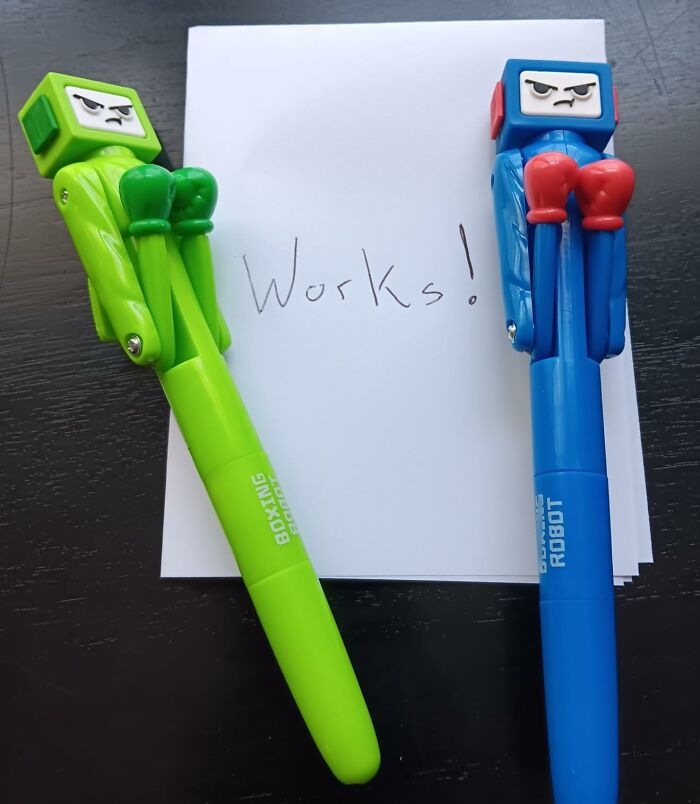 Two boxing pens on paper with "Works!" make Monday less daunting.