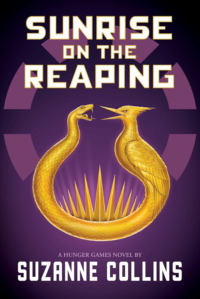 Cover of "Sunrise on the Reaping," a wished-for novel by Suzanne Collins, featuring gold serpents on a purple background.