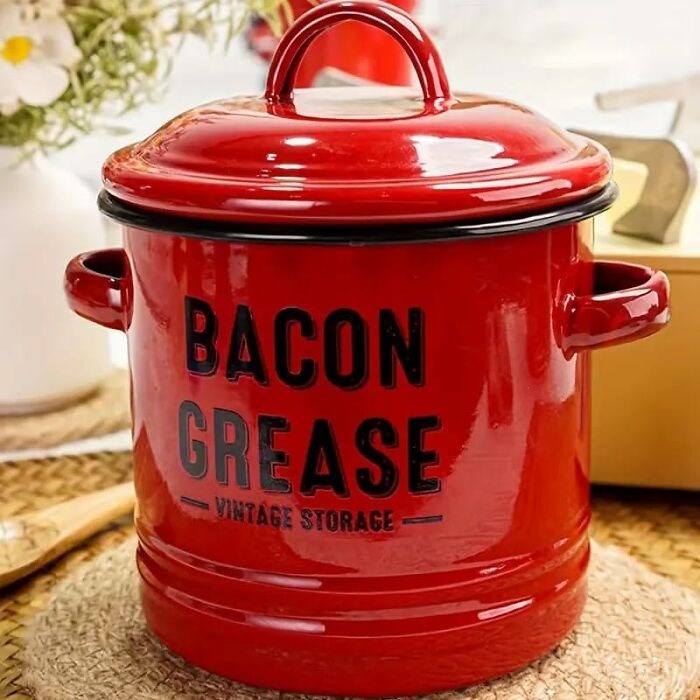 Red vintage bacon grease container with lid, a popular kitchen haul item for Amazon kitchen deals and storage solutions.
