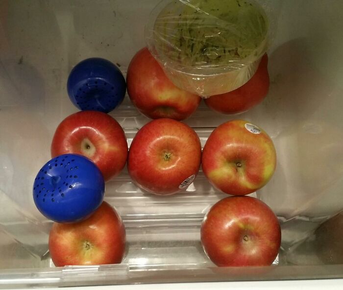 Fresh apples inside a refrigerator drawer with moisture absorbers, suggesting reasons Wednesday might not totally suck.