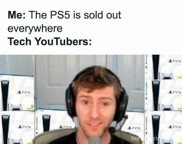 Tech YouTuber surrounded by PS5 boxes, humorously illustrating a meme about consoles being sold out.