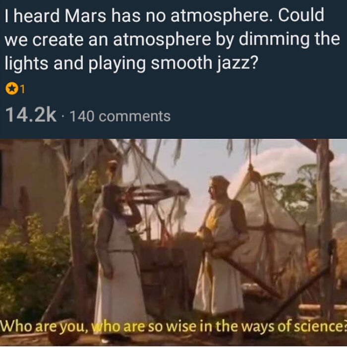 Funny physics meme with text suggesting creating Mars's atmosphere with smooth jazz, showing medieval characters in a humorous scene.