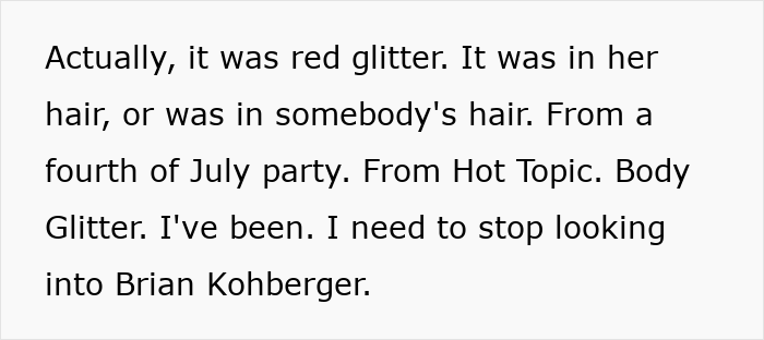 Text referencing glitter as deterrent for men, mentioning red glitter from a party and Hot Topic body glitter. Text referencing glitter as deterrent for men, mentioning red glitter from a party and Hot Topic body glitter.