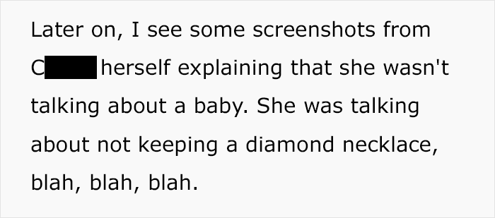 Text about cheating with screenshots explaining a misunderstanding involving a diamond necklace.