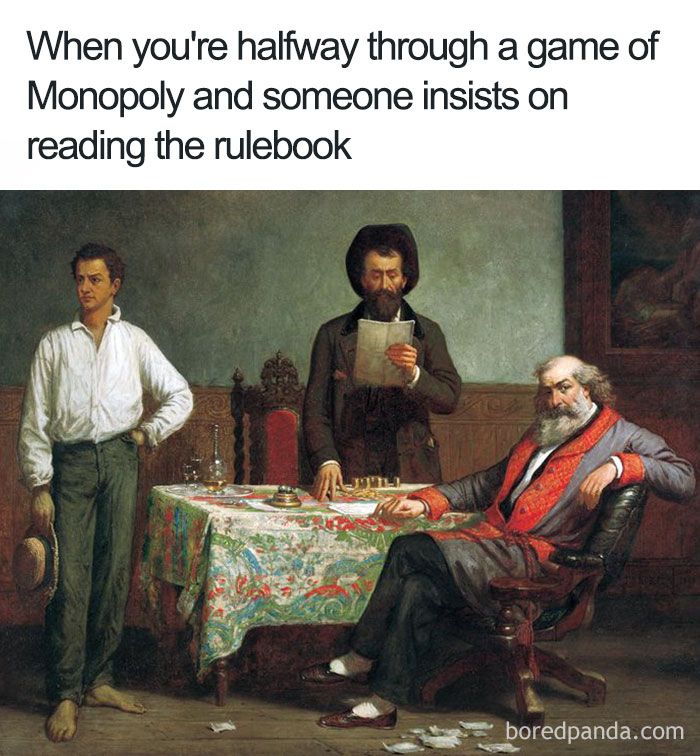 Classical art painting humorously paired with modern meme text about Monopoly rulebook in a vintage interior setting.