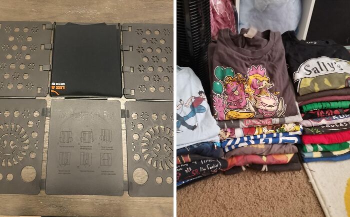 Clothes folding board and neatly folded shirts, simplifying laundry chores.