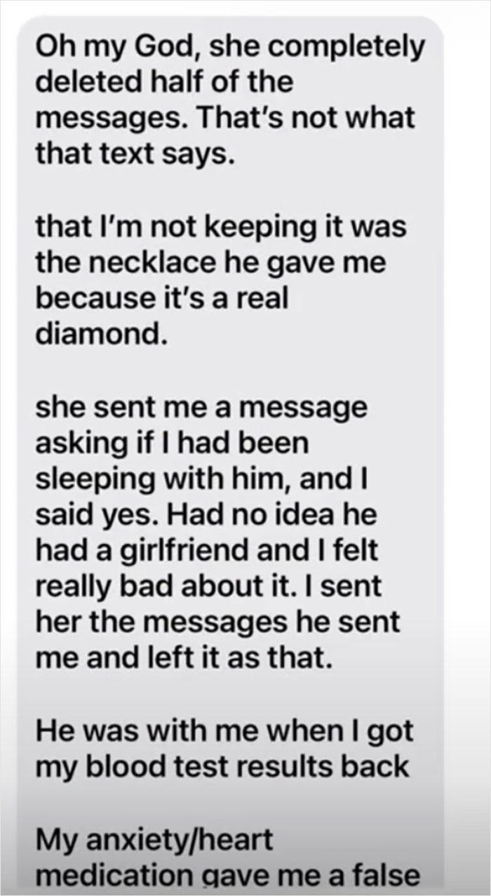 Text message revealing cheating boyfriend's mistress situation, involving pregnancy results.