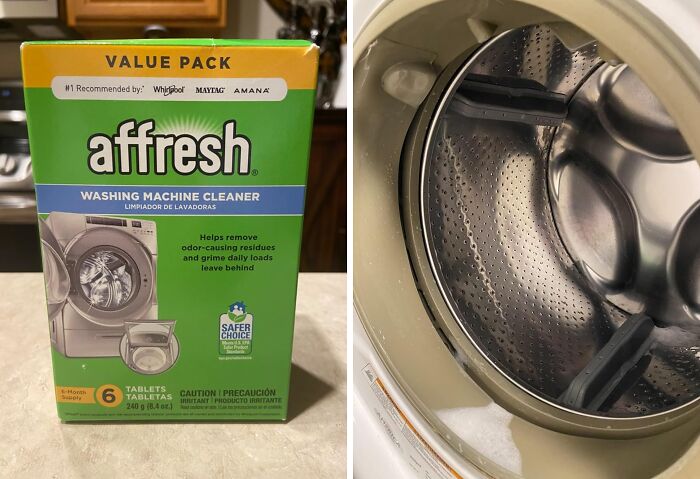 Box of Affresh washing machine cleaner tablets next to an open washing machine drum.