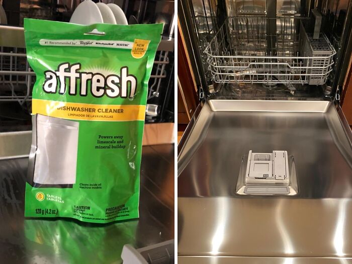 Affresh dishwasher cleaner beside a spotless dishwasher interior.