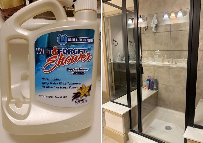 Wet & Forget shower cleaner next to clean shower stall in modern bathroom.