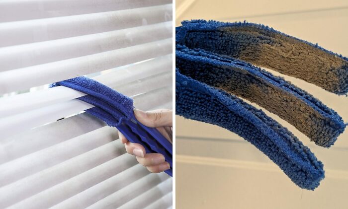 Blue cleaning tool wiping window blinds, showcasing its effectiveness.