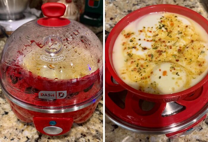 Egg cooker steaming eggs, next to finished seasoned eggs in a red tray.