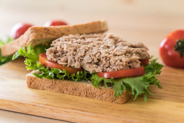 Tuna sandwich with lettuce and tomato on whole wheat bread, illustrating simple relationship arguments and humor.