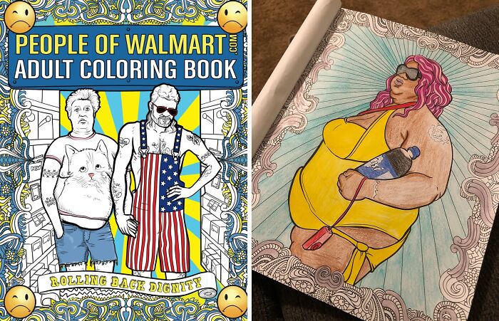 Adult coloring book and colored page featuring quirky characters, an example of unique Amazon finds between genius and why exists