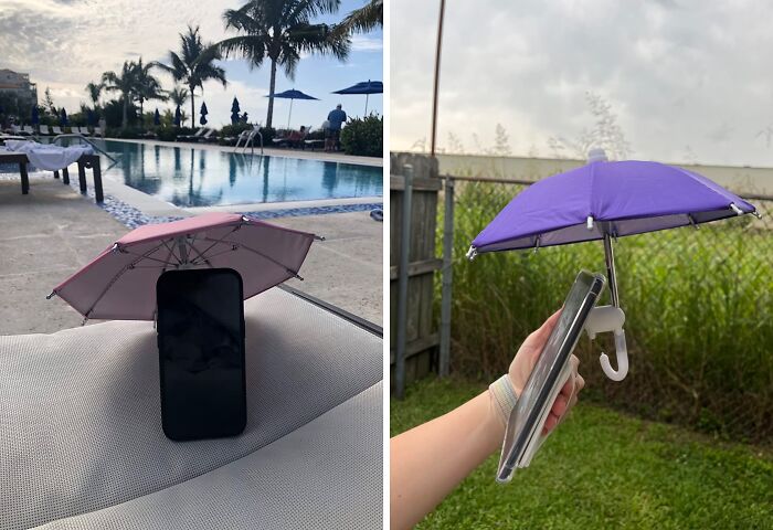 Small umbrella accessory protecting a phone from sun or rain, one of the Amazon finds hovering between genius and why it exists.