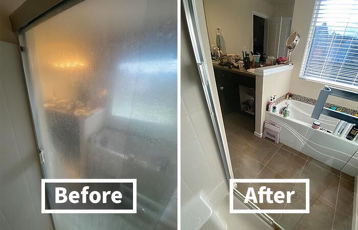 Before and after cleaning a foggy shower door to make life slightly less hard.
