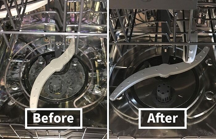 "Dishwasher interior transformation, showing before and after cleaning to make life easier."