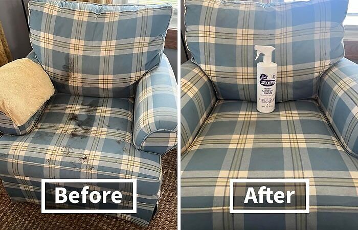 "Armchair cleaning product shows before and after results, reducing life's minor inconveniences."