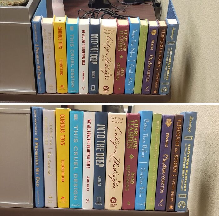 Books neatly arranged on a shelf, showcasing a cozy home with little imperfections easily fixable or hideable.