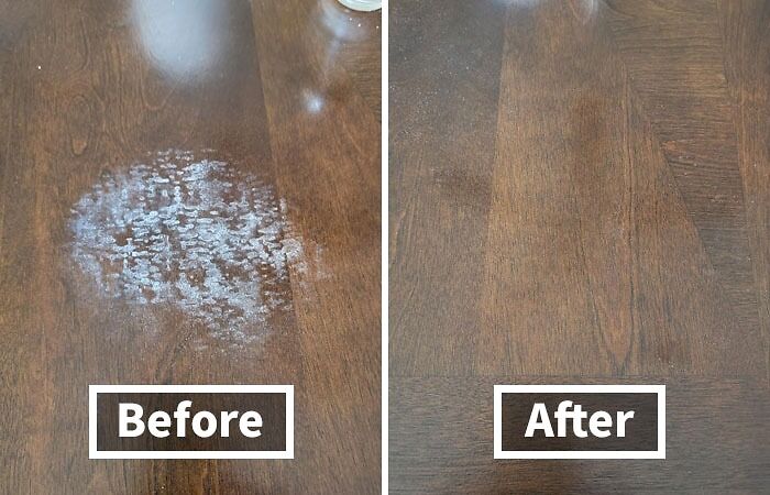 Before and after cleaning wood table, showing life slightly less hard with cleanup.