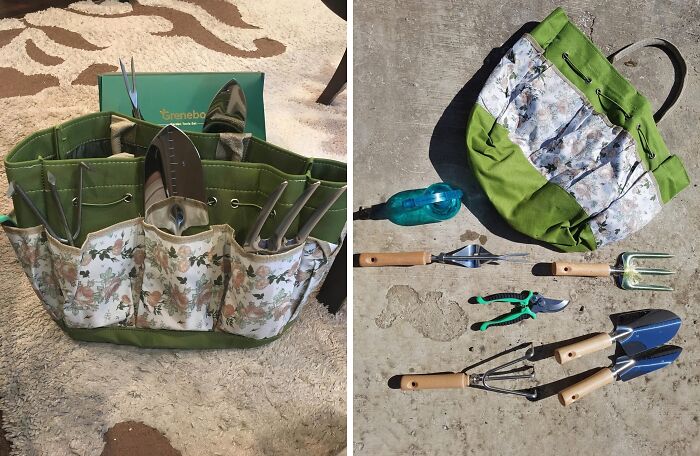 Gardening tools in a floral bag set on a rug, ideal for those with a "benign neglect" gardening style.