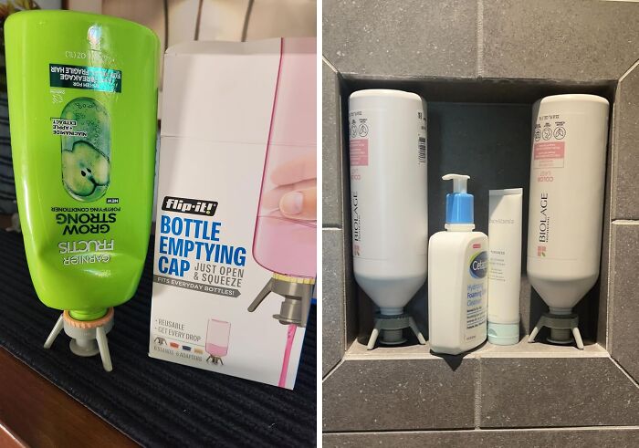 Bottle emptying cap and bathroom products organized neatly in a shower niche, essential bathroom must-haves for convenience.