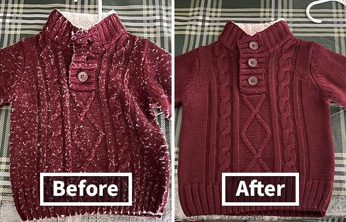 Red sweater before and after using a fabric shaver, making life slightly less hard by removing fuzz effortlessly.