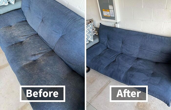Before and after cleaning a blue couch with famous cleaning supplies.