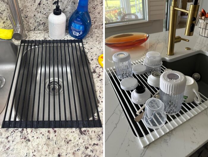 Dish rack for easy drying over kitchen sinks, simplifying chores by organizing glassware efficiently.