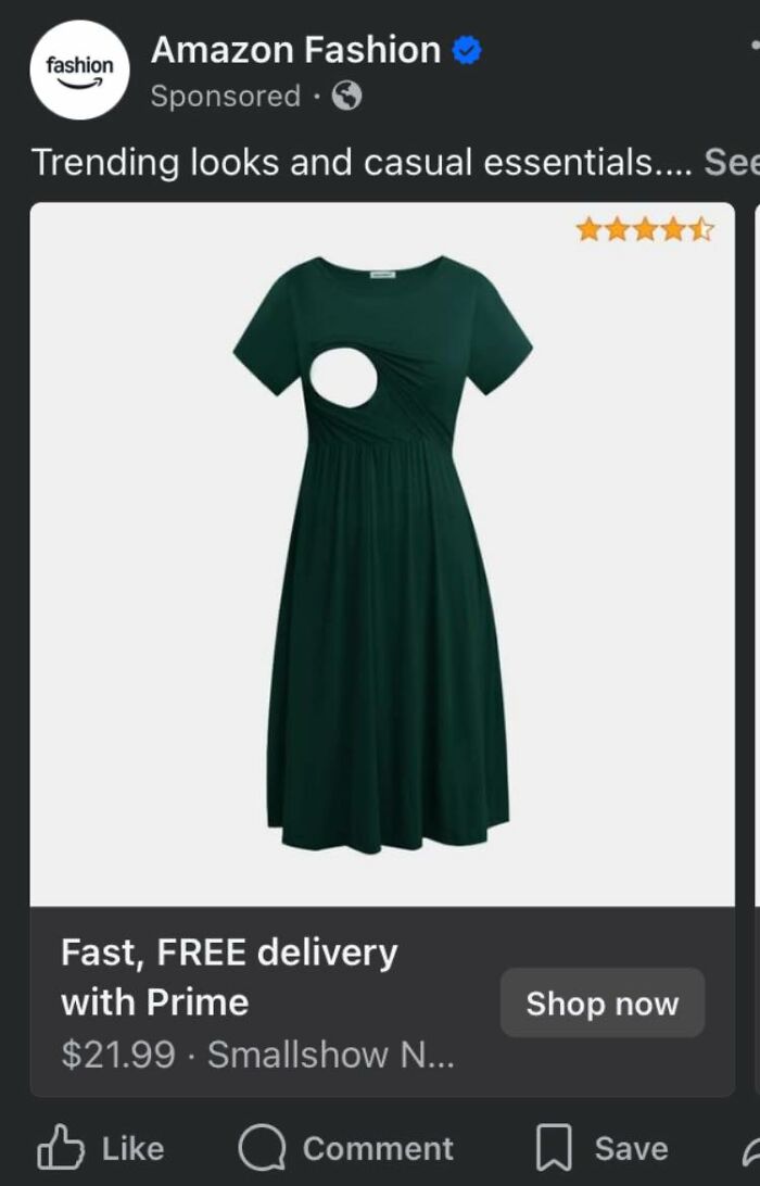 Green dress with awkwardly placed cutout, labeled as a fashion crime example, shown in Amazon Fashion ad.