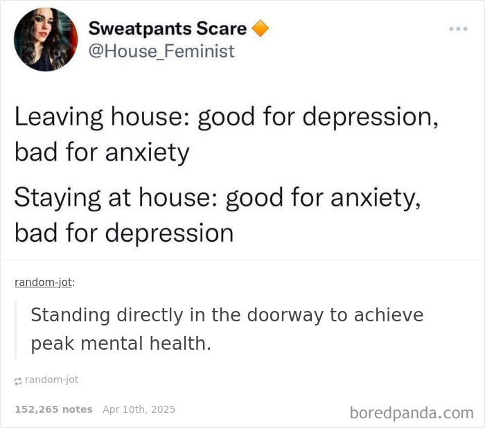 Text meme about balancing mental health by standing in the doorway.