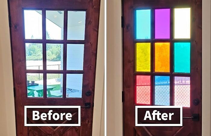 Door before and after showing home's little imperfections fixed or hidden with colorful window film applied to glass panes.