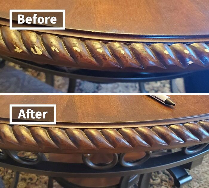 Close-up before and after photos showing fixable home imperfections on a wooden table edge with carved detail.