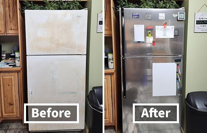 Before and after of a refrigerator cleaned with a product that simplifies chores.