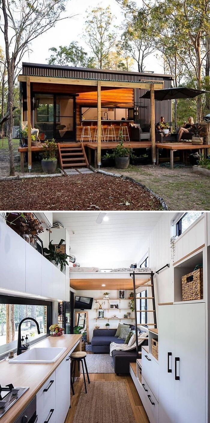 Clever and unique tiny home exterior and interior design showcasing off the grid living with modern, compact, and functional spaces.