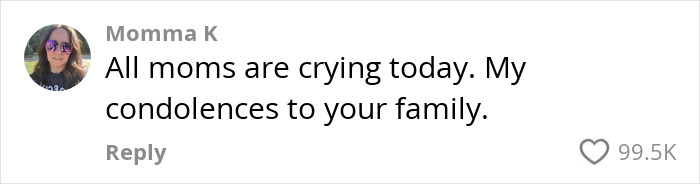 Comment expressing condolences on influencer's daughter's passing, with 99.5K likes.