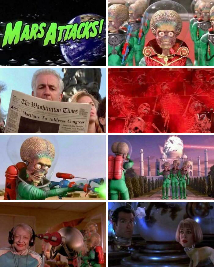 Collage of scenes from the '90s film "Mars Attacks," featuring alien invaders and iconic moments.