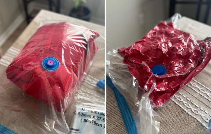 Vacuum-sealed clothes in clear bags on a table, illustrating a fresh start with these no-stress changes.