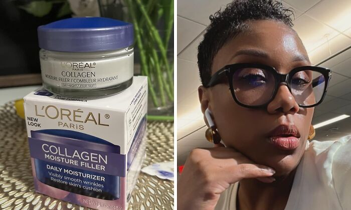 Collagen moisturizer and a person with glasses, symbolizing a fresh start with no-stress skincare changes this spring.