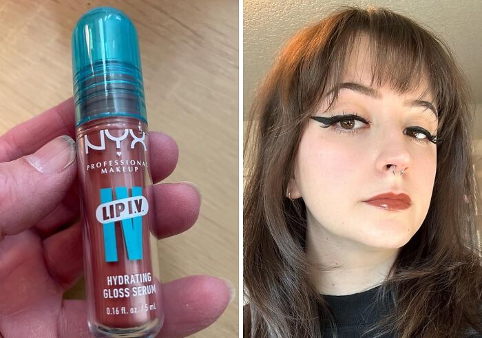 Lip serum held in hand; woman with brown lipstick and winged eyeliner, showcasing no-stress makeup change for spring.