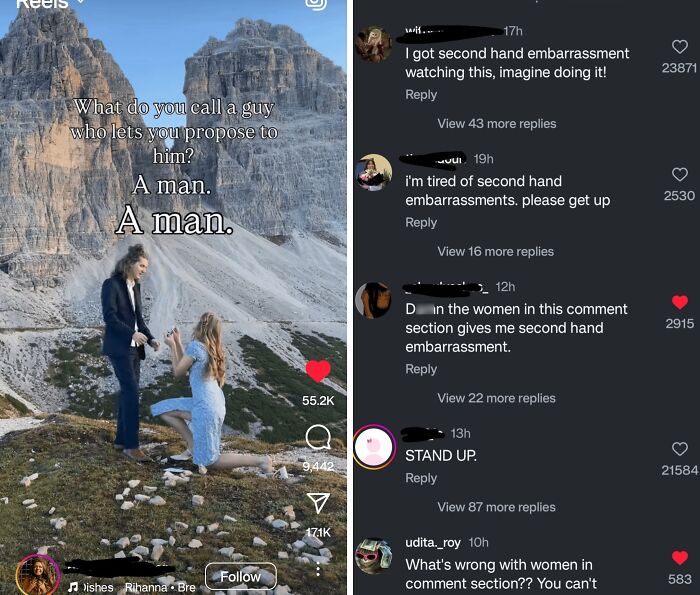 Woman proposing to man in scenic mountain setting with comments expressing embarrassment.