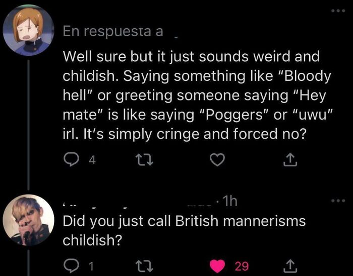 Tweet exchange about British mannerisms accused of being cringe.