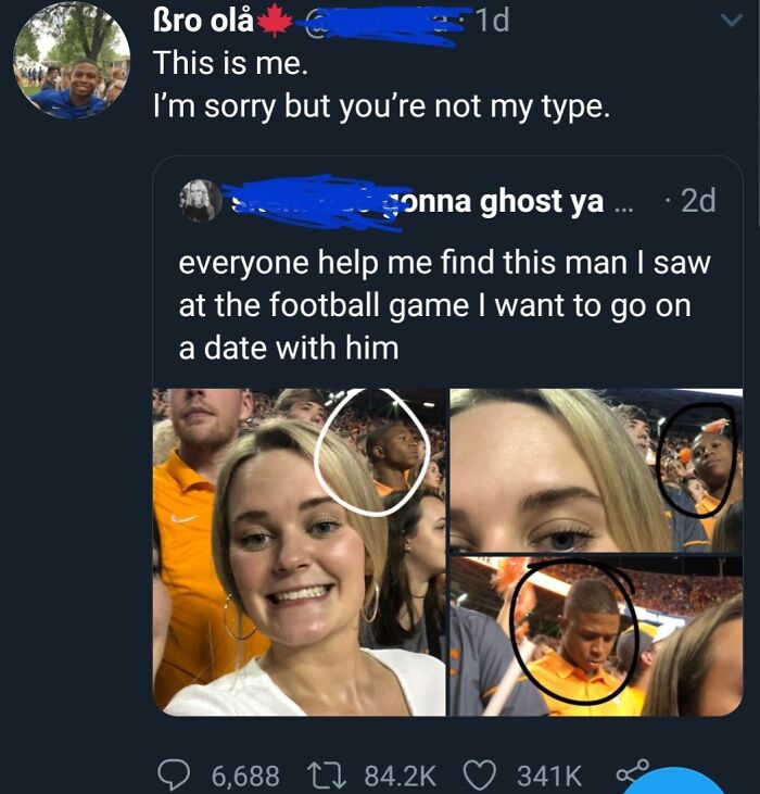 Tweet exchange showing an embarrassing interaction about a football game encounter.