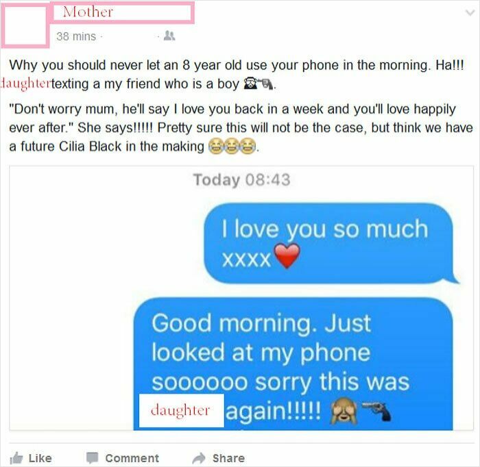 A mother shares a cringe-worthy moment about her daughter texting someone on Facebook.