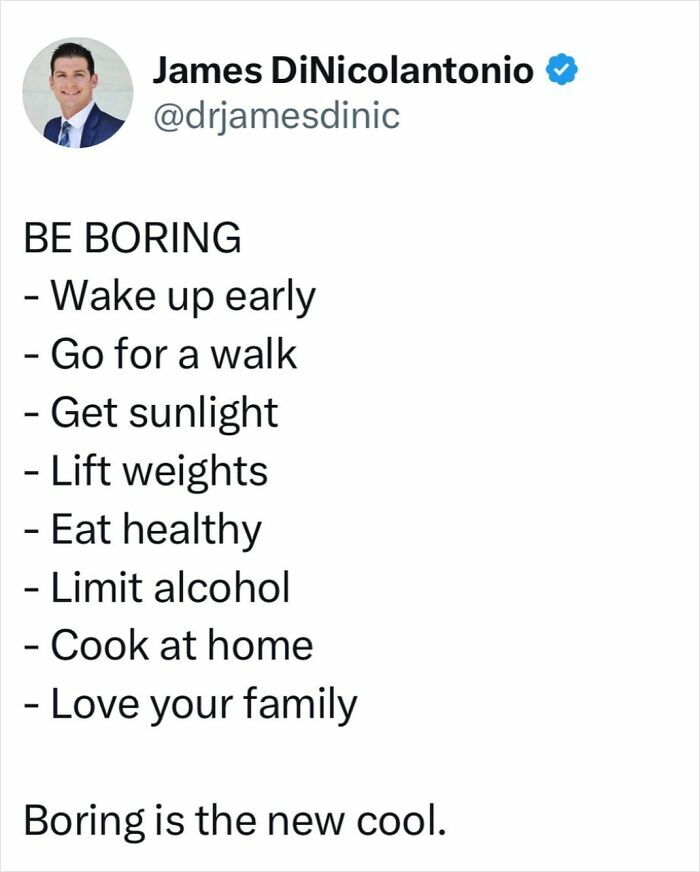 Doctor shares health tips: wake early, walk, get sunlight, lift weights, eat healthy, limit alcohol, cook at home, love family.