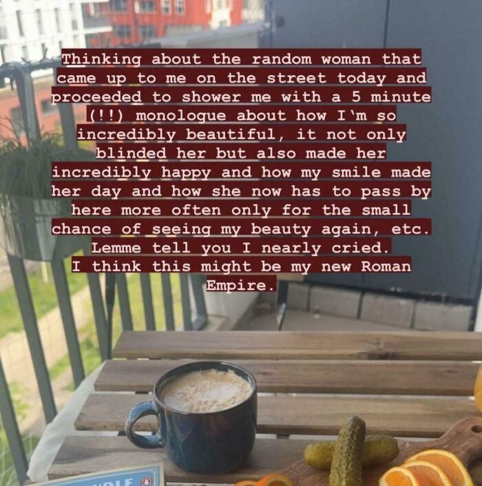 Coffee on a table with a humorous text overlay about cringe-worthy behavior and grandiosity.