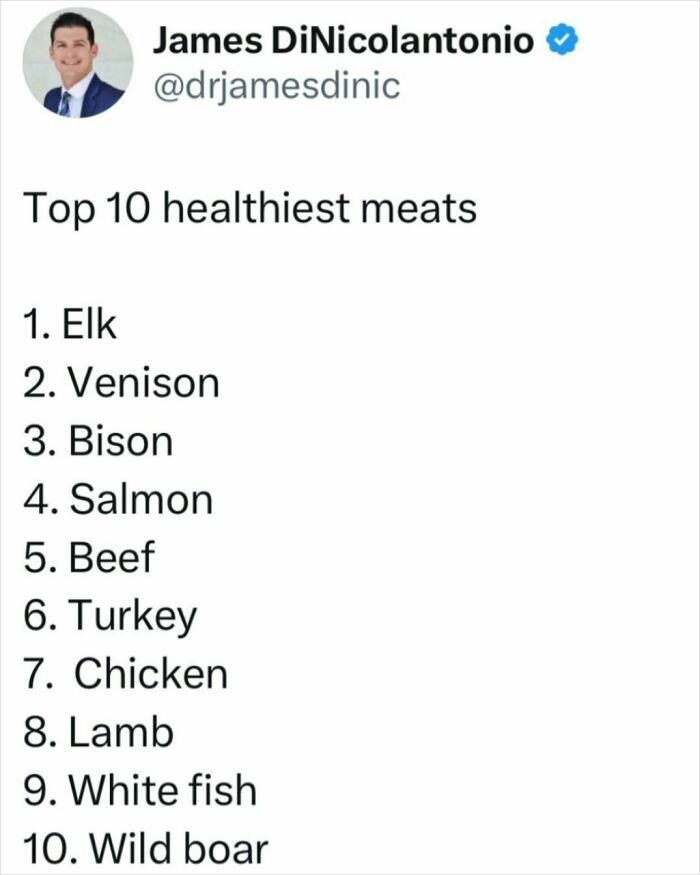 "Doctor lists top 10 healthiest meats, including elk, venison, and bison, for optimal health tips."