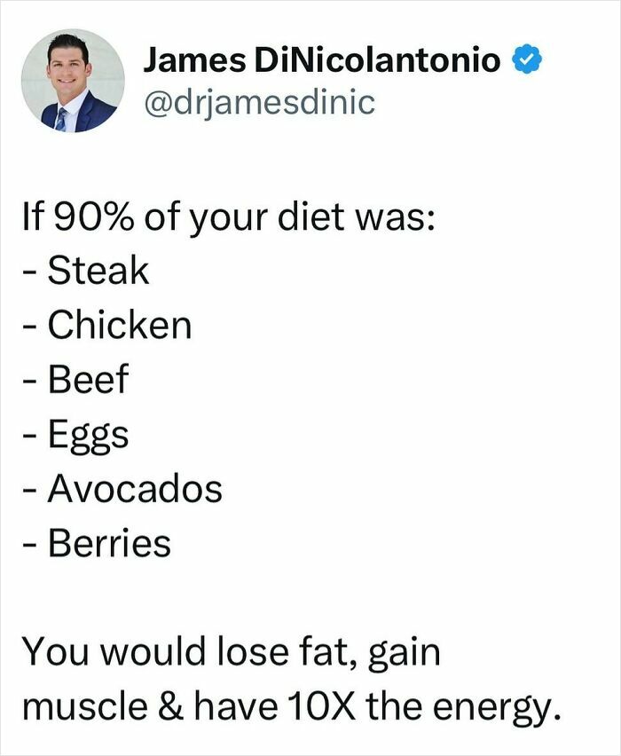 Doctor shares health tips on diet: focus on steak, chicken, beef, eggs, avocados, berries for fat loss and energy boost.