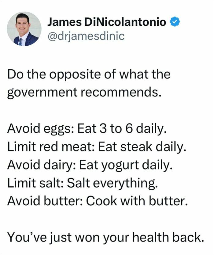 Doctor shares health tips; eat eggs, steak, yogurt, use salt and butter for better health.
