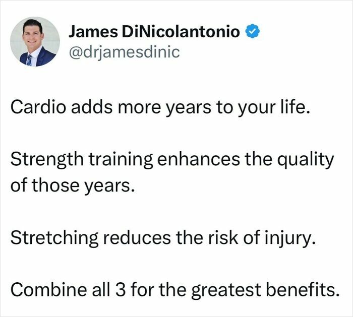 Doctor shares health tips: cardio for longevity, strength training for quality of life, and stretching for injury prevention.